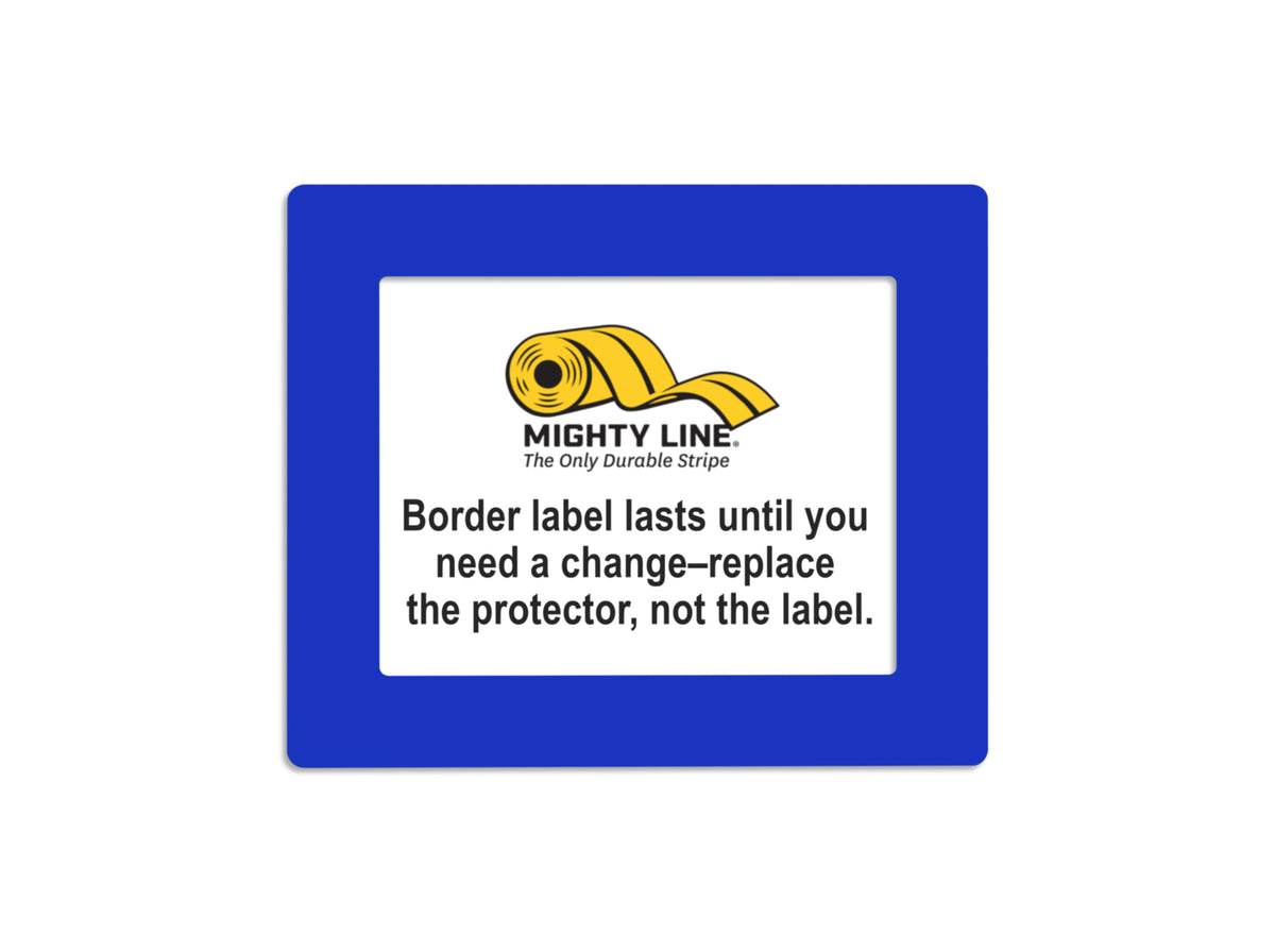 Blue clear PVC label protector 5" — rack and shelf labeling in organized warehouse storage