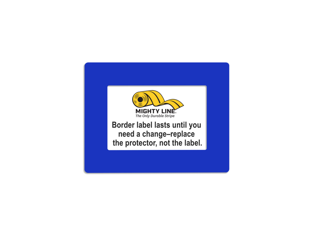Blue clear PVC label protector 5" — rack and shelf labeling in organized warehouse storage